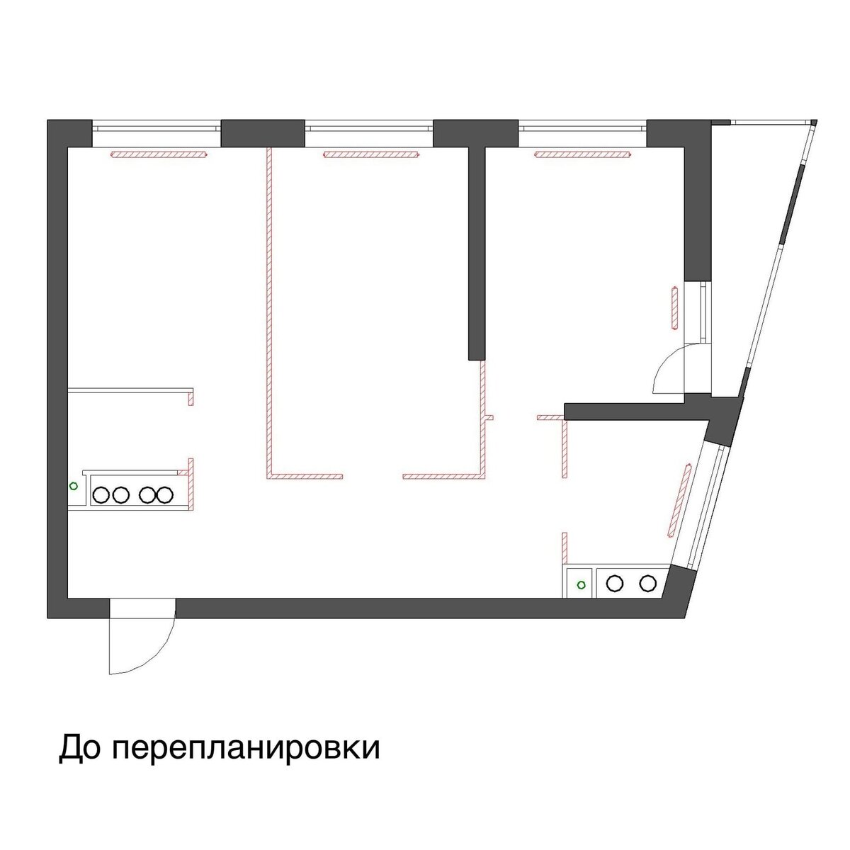 Большой и не функциональный коридор. Маленькая кухня и комната смежная с ней. 