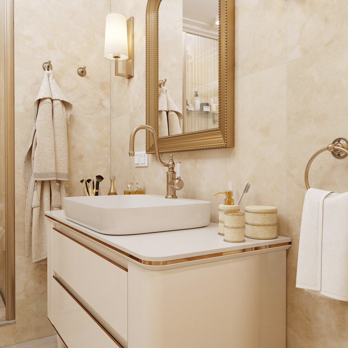 Ванная комната из белого мрамора с бронзовыми смесителями