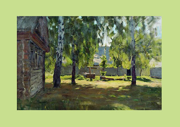 Фотография (на фоне) картины И. Левитана "Солнечный день у избы" (из открытых источников)