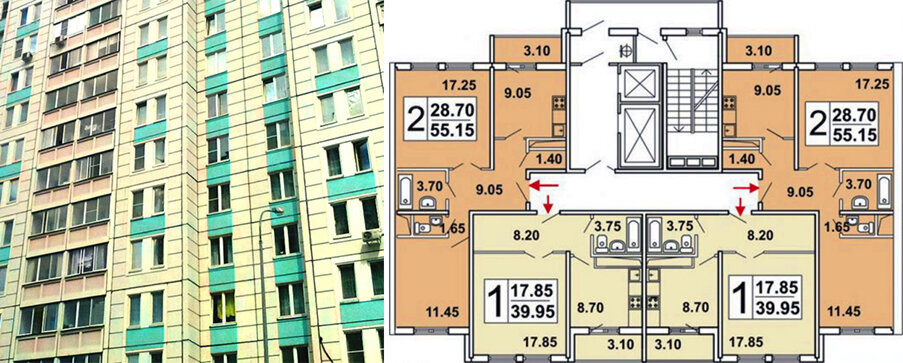 Относительно новая панельная  серия ГМС2001 с парными узкими окнами в гостиных. Фасад выглядит необычно. А внутри сначала люди в ступоре: совершенно не понятно, как декорировать такое. Самое простое решение — 4-метровый карниз и шторы от стены до стены, закрывающие стояки отопления