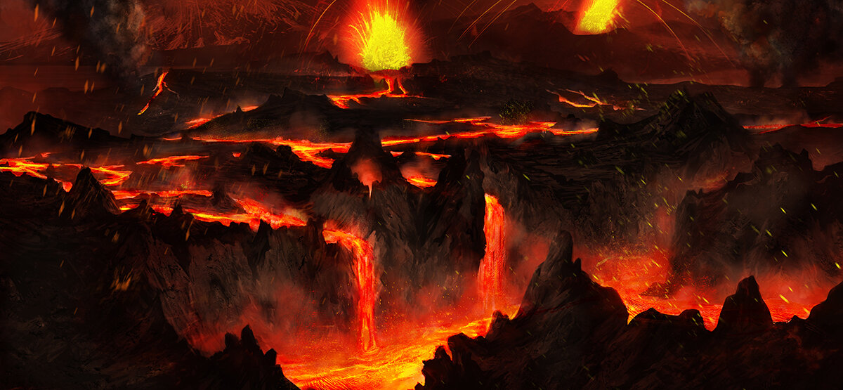 Огненный мир. Пещера с лавой. Огненный пейзаж. Адский пейзаж. Кипящая земля