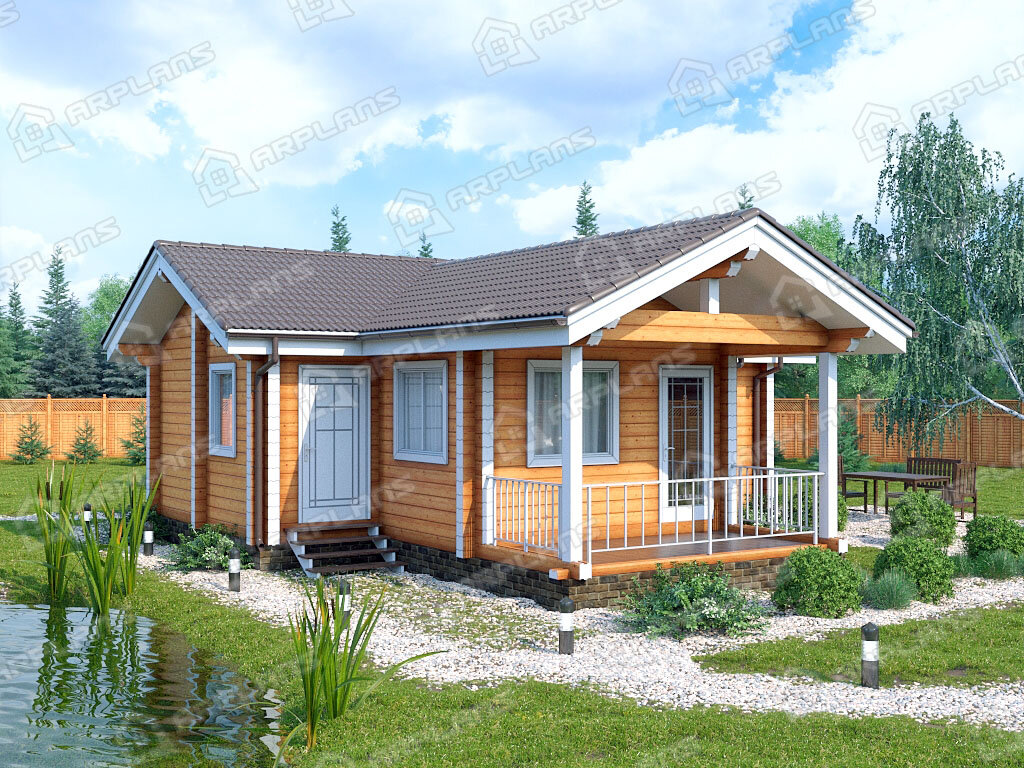 Фото 1 одноэтажного деревянного дома из бруса с 1 спальней и террасой. 50 кв м. Источник arplans.ru Проект ДС-104