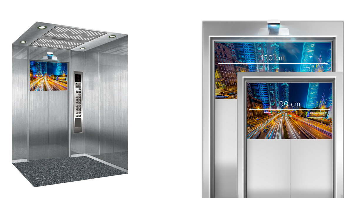 Размер, который вам нужен. 
Проектор EI-MINI lifter оснащен ручным управлением для оптимизации размера изображения и угла обзора. Это позволяет настроить и выровнять проекцию так, чтобы она идеально вписалась в ваше помещение.

Подходит для дверей лифта размером шириной от 90 см до 120 см и высотой 60 cm.