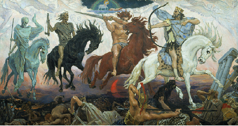 Худ. Виктор Васнецов «Воины Апокалипсиса» (1887). Холст, масло.
Эскиз росписи Владимирского собора в Киеве.