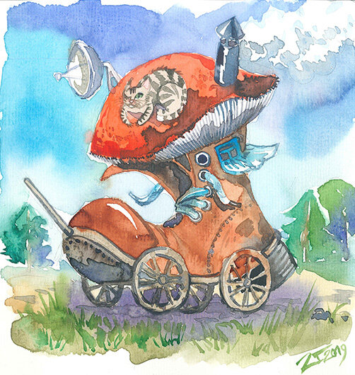 Акварельная иллюстрация Телега+башмак+гриб