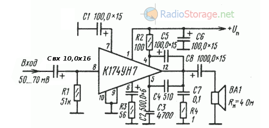 Схема применения микросхемы ИМС К174УН7