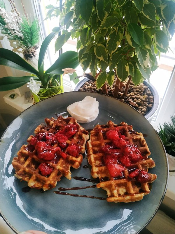 Тыквенные вафли с йогуртом и малиной - прекрасный сбалансированный завтрак. Ваша микрофлора скажет Вам "спасибо".