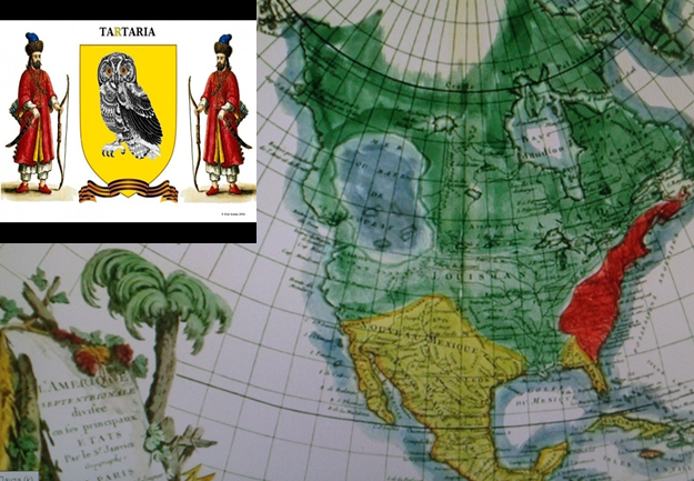 Французская карта 1762-го года. На месте западной Канады – Западное море, как территория ещё не заполненная оседающими массивами верхней Земли. Вверху изображён герб Тартарии из книги путешественника Марко Поло (1254-1324 по официальной хронологии). Воины Тартарии напоминают русских стрельцов, а лента под гербом - нынешнюю российскую георгиевскую ленту.