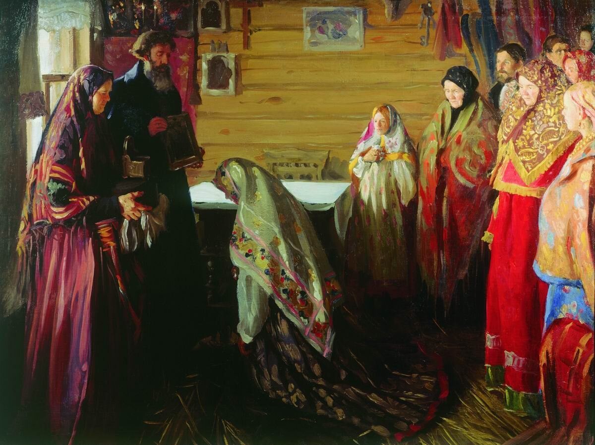 Иван Куликов. "Старинный обряд благословения невесты в городе Муроме" (1909) Холст, масло. 150 x 200 см. Госудаpственный Владимиpо-Суздальский истоpико-аpхитектуpный и художественный музей-заповедник