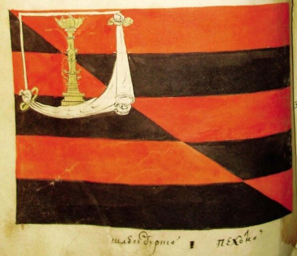 Знамя Шлиссельбургского полка 1712: «из красных и черных полос, с золотым изображением, в верхнем углу, у древка, золотой колонны.  Колонна, украшенная якорями и увенчанная носами кораблей" - рострами. Отсюда - ростральная колонна. Такие колонны воздвигались в Древнем Риме в память морских побед и украшались трофеями. Рисунок этой эмблемы был полностью (зеркально) заимствован из книги "Символы и эмблемата". Можно предположить, что такой герб был дан городу в память освобождения его от шведов и первой морской победы русских, когда на Неве были захвачены два шведских корабля. 
