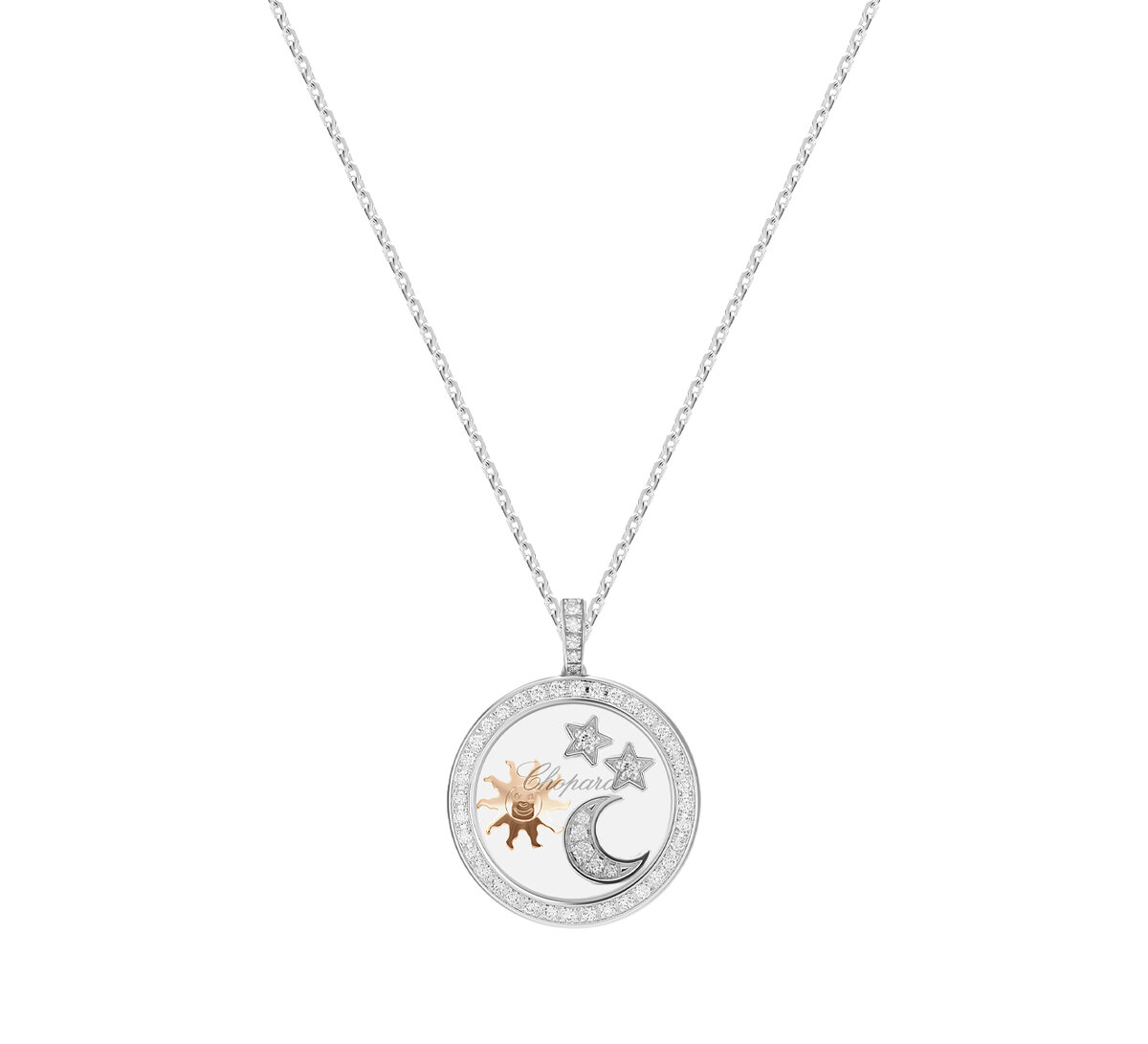 Кулон Chopard Happy Moon из белого и розового золота с бриллиантами и плавающими фигурками в виде солнца, звезд и месяца 