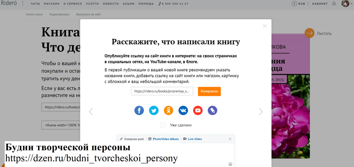 Книга на "Ридеро" имеет свой сайт, ссылку на которые имеет смысл разместить в соцсети