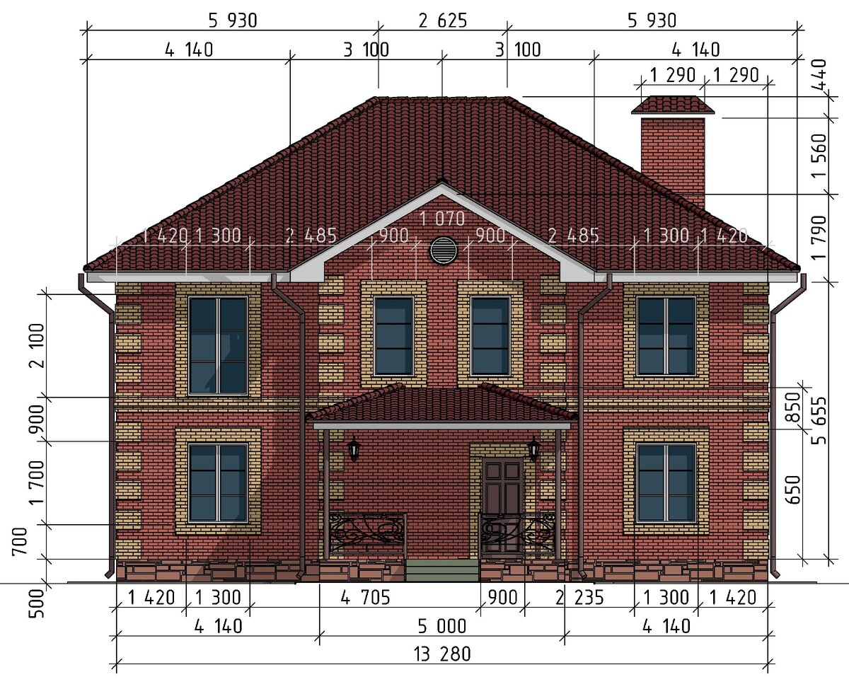 Двухэтажный кирпичный дом 12 х 13 м. площадью 230 м² (планы + фасады с подробными размерами) ??