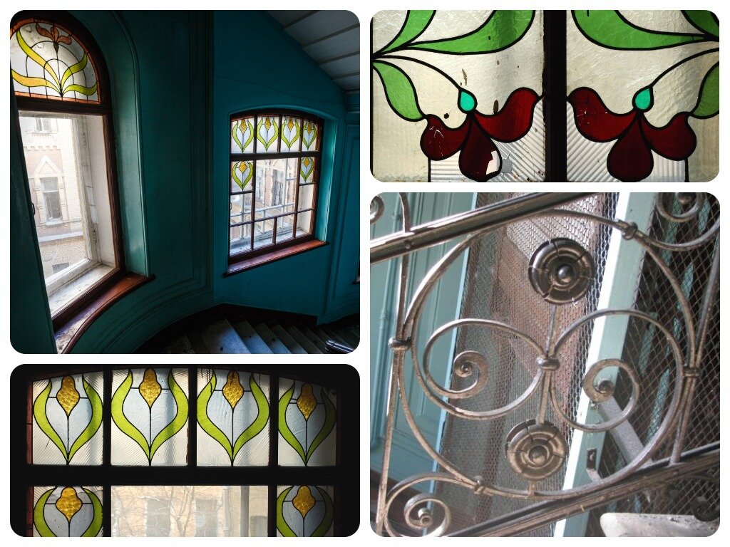 Витражи и кованная лестница в подъезде