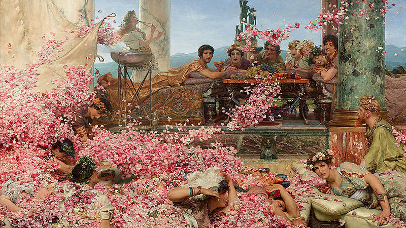 Розы Гелиогабала». Художник Лоуренс Альма-Тадема, 1888 год. Часть гостей во время пира погружаются  под лепестки падающих роз. Картина с сайта wikimedia commons.