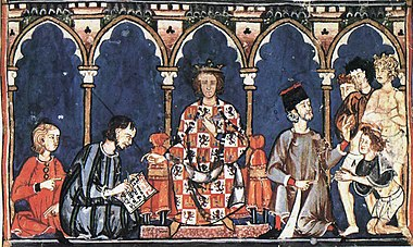 король Альфонсо X Кастильский и кортесы, средневековая миниатюра