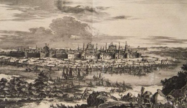 эта литография сегодня выдается как изображение столицы Хаджи-Тархан.  но историки знают, что астраханская столица как и все ордынские города не имела стен. ее окружали земляные блоки скрепленные камышами. 