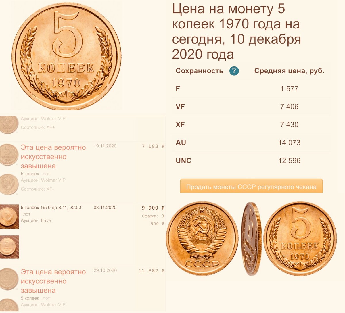 5 копеечная монета 1970 года. (Данные этого фото и подобных фото ниже  - с сайта raritetus.ru).