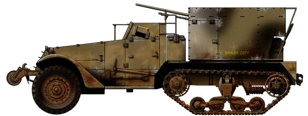 Combination Gun Motor Carriage M15, создана на шасси полугусеничного бронетранспортёра M3. Вооружение 37-мм автоматическая пушка M1 и два 12.7-мм пулемёта M2HB, масса 10 тонн, расчёт 6 человек.