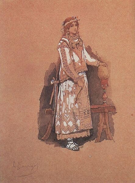 Cнегурочка Васнецова - именно "оперная". Он много работал над оформлением оперы. Ранее была его картина маслом. А вот его рисунок костюма героини. Не особо привычно нам.