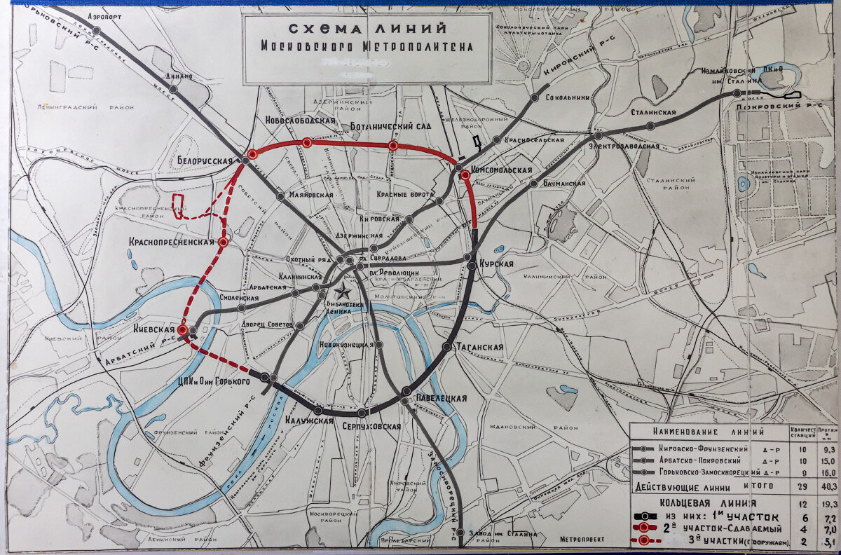 Схема линий Московского метрополитена. Пусковой участок второй очереди Кольцевой линии. 1952 год. РГАЭ. Ф. 1884. Оп. 49. Д. 5219.