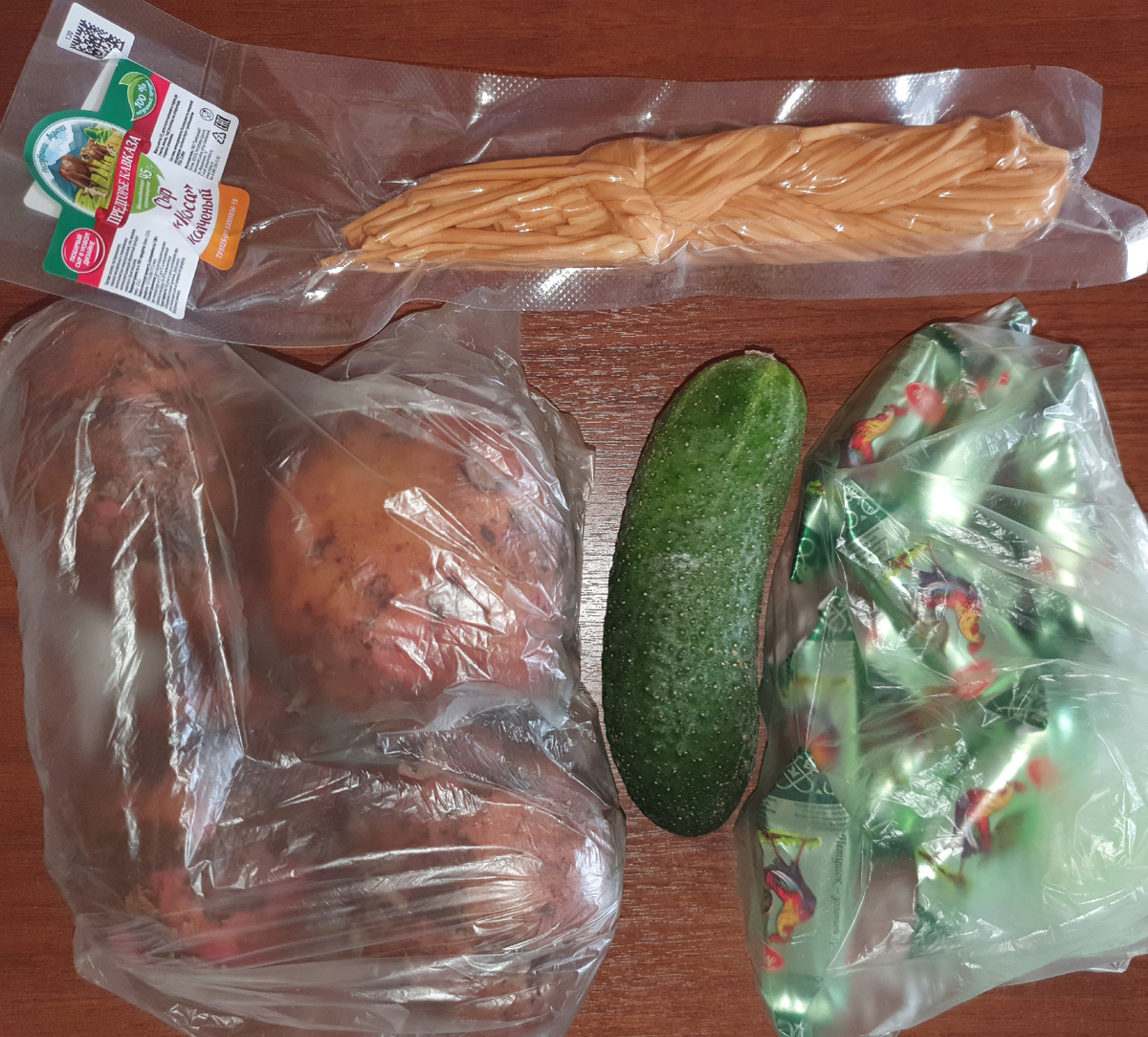 Сыр 87, конфеты 58, картофель 16, огурец 7.