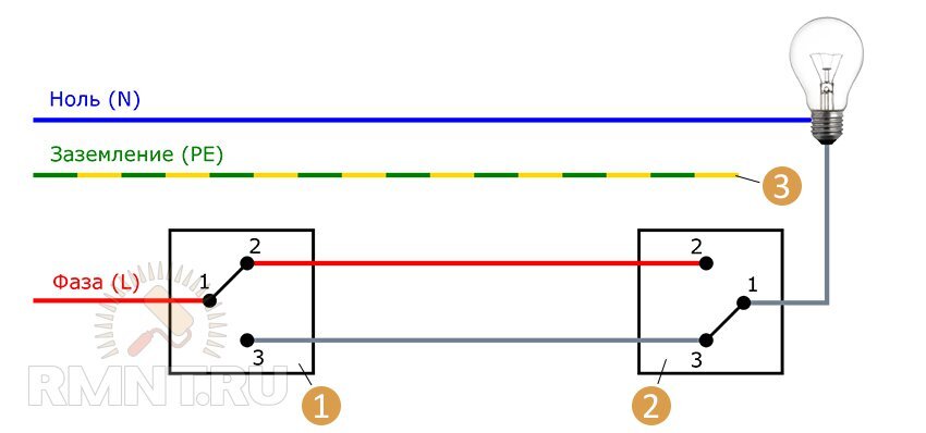 Как подключить лампочку на 2 выключателя схема подключения