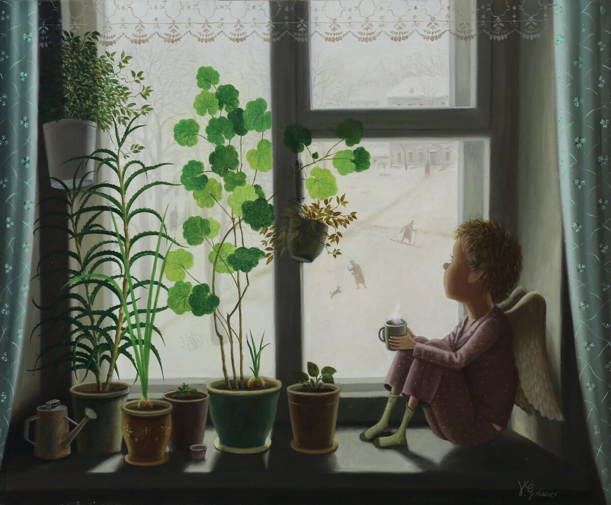 Рисунок цветок на подоконнике