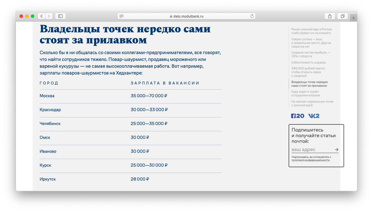 Два кусочка фактуры: мнение эксперта о том, что в точку уличной еды сложно найти сотрудника из-за маленькой зарплаты, и размеры зарплаты с Хедхантера. Из статьи «Как устроен рынок уличной еды»