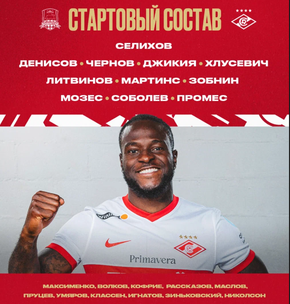 Состав Спартака на матч с Краснодаром.