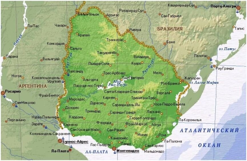 Уругвай столица на карте. Физическая карта Уругвая. Столица Уругвая на карте. Карта Уругвая географическая. Уругвай границы на карте.