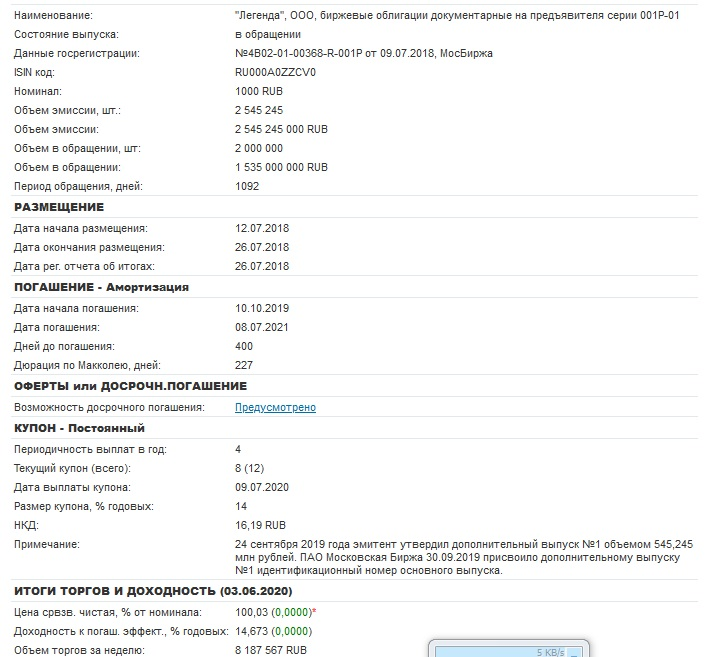 ЛЕГЕНДА1Р1. Параметры облигации.