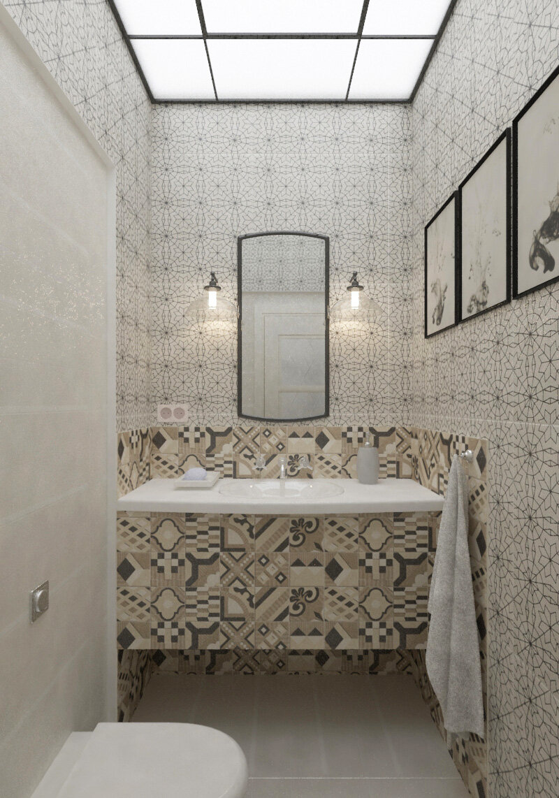 Обои в туалете в комбинации с плиткой. Потолок - витраж с подсветкой.
Дизайн проект студии ТРИ ЛУЧА.