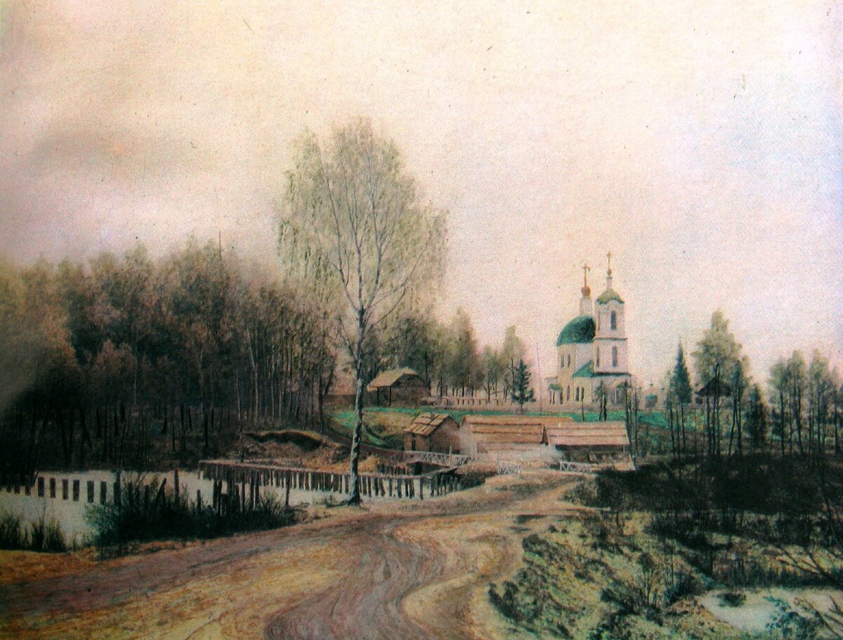 Преображенский (Тихвинский) храм в Новоспасском (акварель неизвестного художника) 