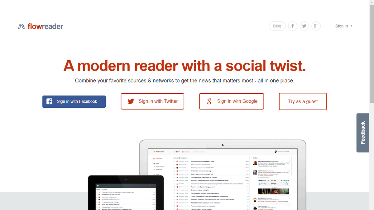 Главная страница сервиса FlowReader для чтения RSS-лент