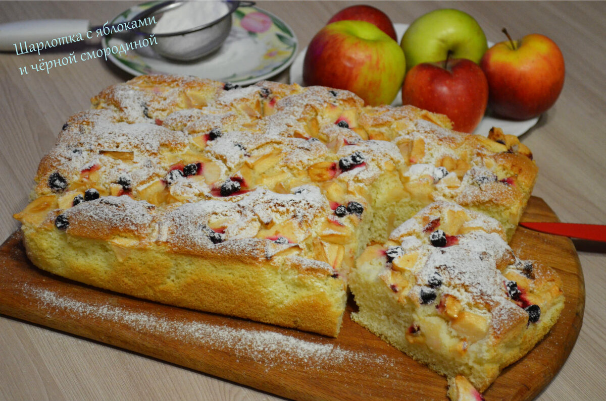 Шарлотка с черной смородиной и яблоками