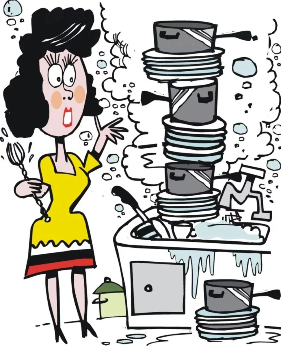 Не хочу мыть посуду. Домохозяйка карикатура. Посудомойка карикатура. Карикатура на женщину домохозяйку. Мытье посуды иллюстрация.