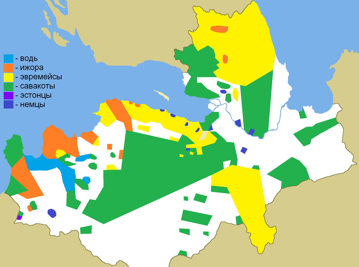Карта расселения финно-угорских народов на территории современной Ленинградской области по состоянию на 1850 год.