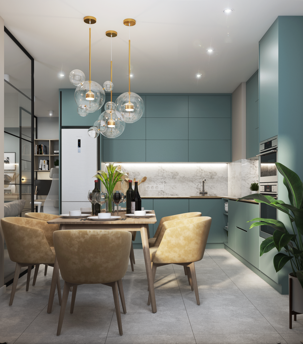 Цвет фасадов кухни заказчик охарактеризовал как "вкусный" 😄  А по-другому это ЛДСП Kronospan - K097 Сумеречный Голубой.