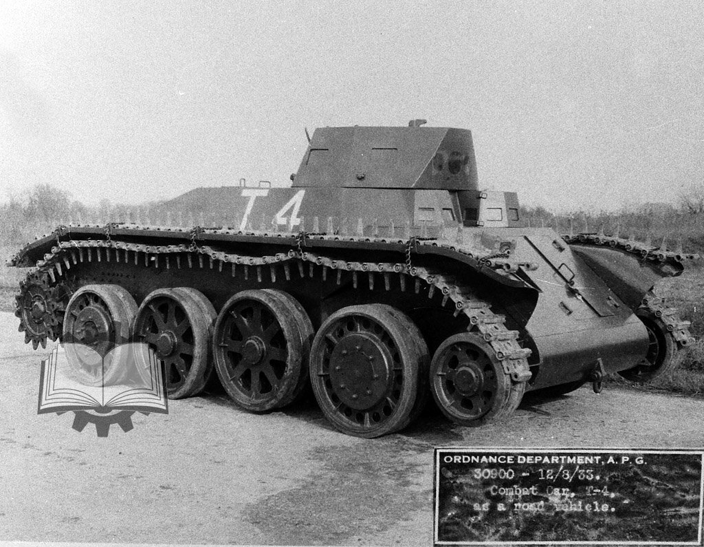 Combat Car T4 на колесном ходу, декабрь 1933 года. Обратите внимание - второй опорный каток приподнят вверх.