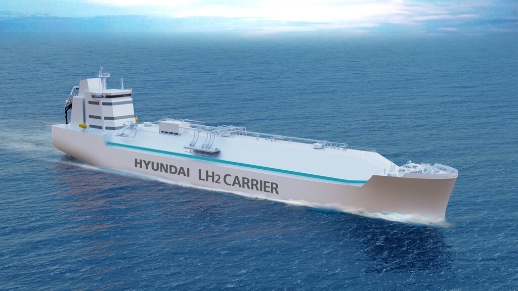 Это  изображение, предоставленное Hyundai Heavy Industries Group в среду,  показывает концептуальное изображение танкера для перевозки сжиженного  водорода, разрабатываемого группой на данный момент (Ренхап)
