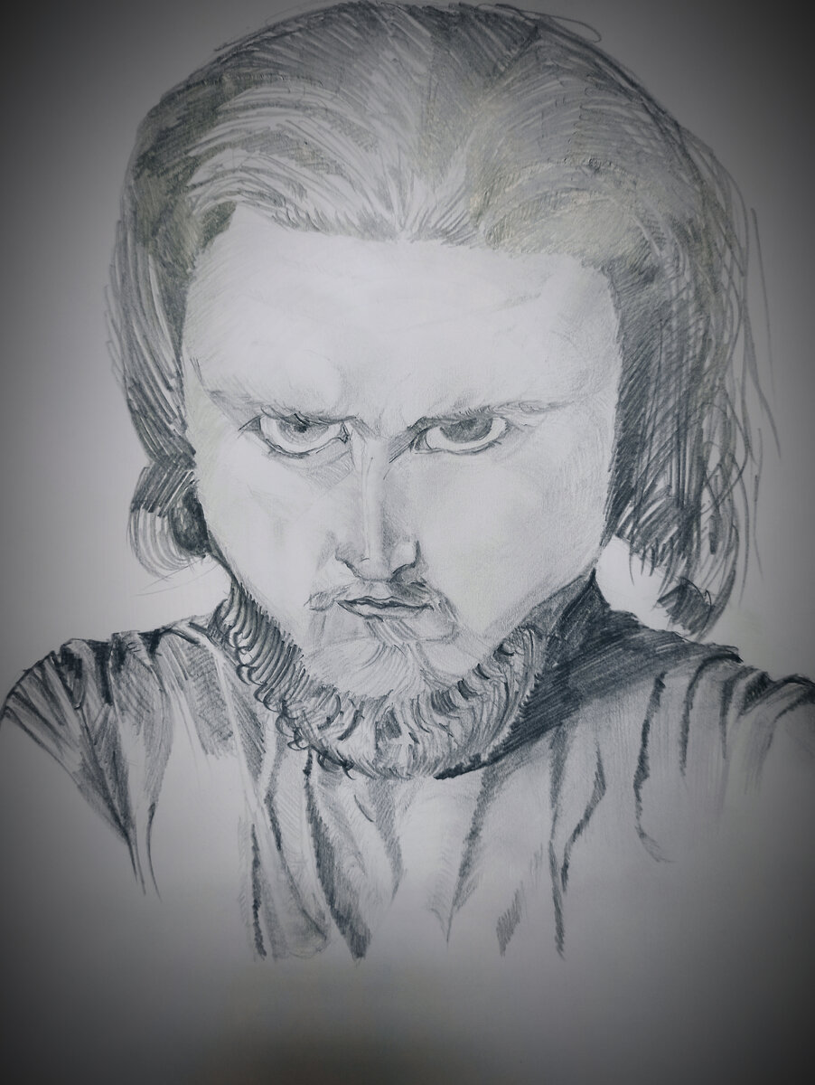 Ещё один портрет нахмуренного священника от автора, который смотрит как-будто исподлобья. Грубых косяков, вроде как, нет. Тон не очень хорошо виден на фото. Уж, как есть. Совсем негроидный тон не хотелось наводить ради фотографии