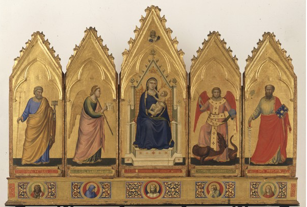 Джотто ди Бодоне, Полиптих, 1330, Пинакотека Болоньи. Джотто одну из трех, подписал эту работу. Его имя на троне Девы Марии написано золотыми буквами.