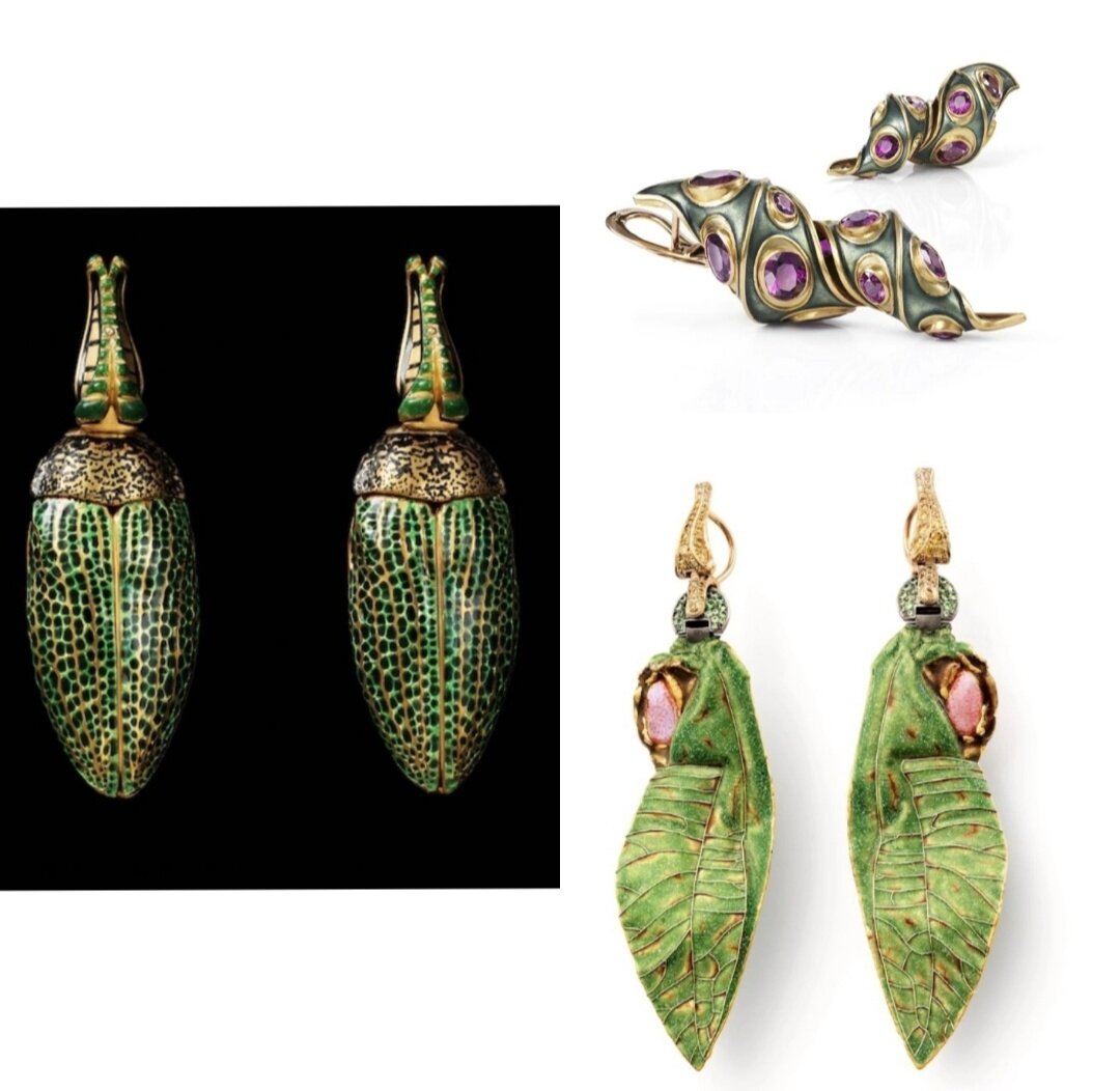 В своих работах Отто Джейкоб часто обращается к природным мотивам. На нижнем фото справа, к примеру, серьги с природными слепками крыльев гигантского малайзийского кузнечика, выполненные из стекловидной эмали, украшенные золотом, цаворитами, жёлтыми и светло-коричневыми бриллиантами