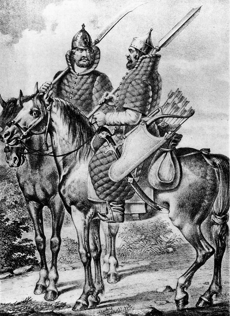 Ратники в тегиляях и шапках железных