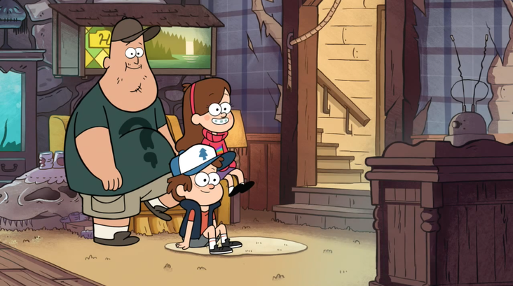 Сус, Диппер и Мэйбл смотрят рекламу Гидеона