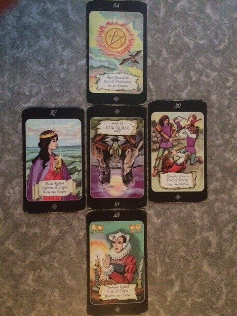 Дама Кубков, Пятерка Жезлов, Туз Пентаклей, Четверка Кубков, перевернутая Луна.