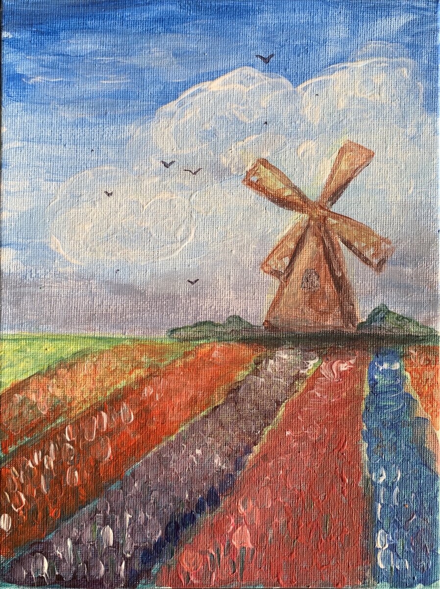 Вы же уже поняли, что я не стесняюсь выкладывать свои «творения»;-) Тюльпановые поля по мастер-классу канала Art Клякса на YouTube / рисунок автора