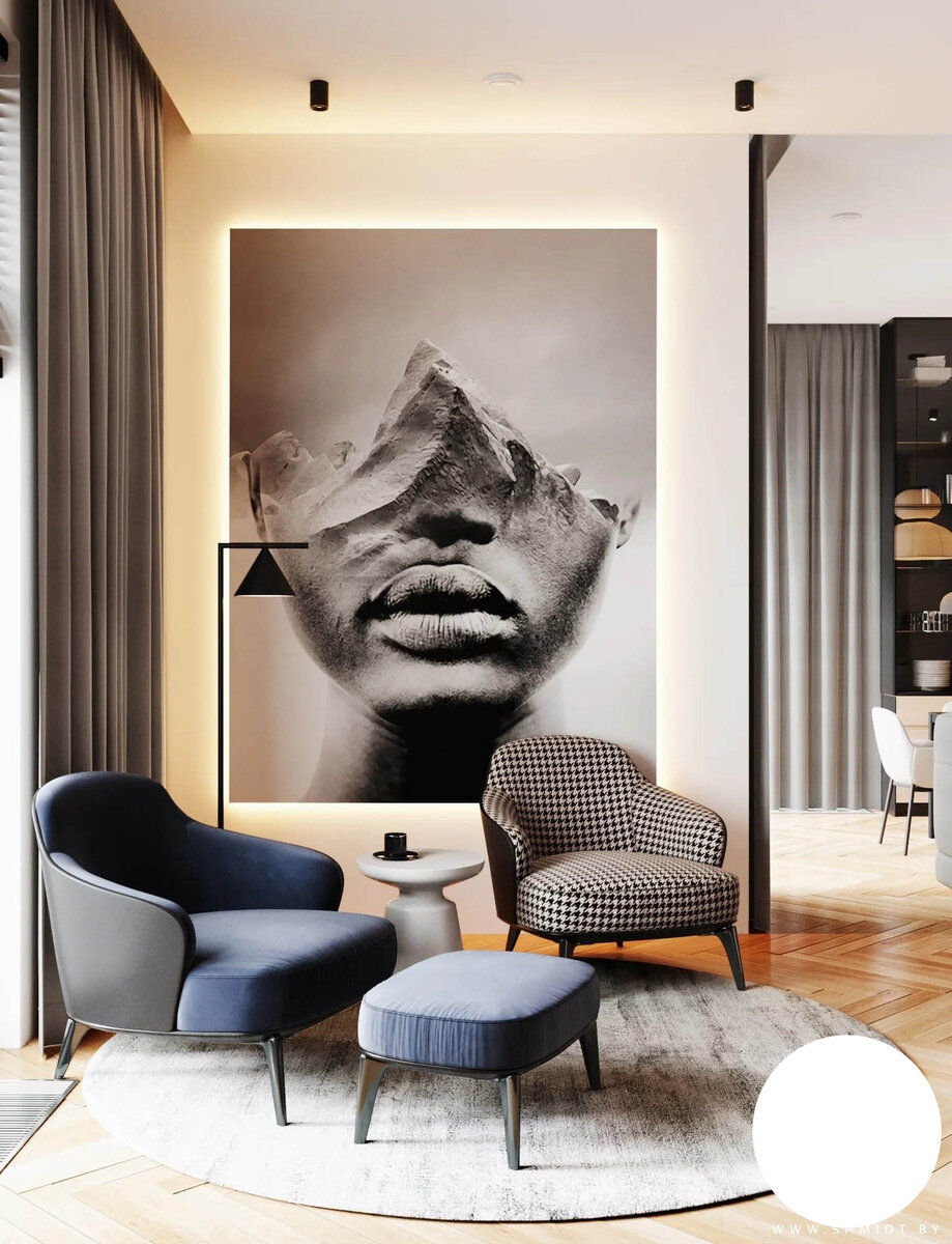 Расстановка мебели в интерьере. Источник https://shmidt.by/proekt-znojnyj-164-m-kv/