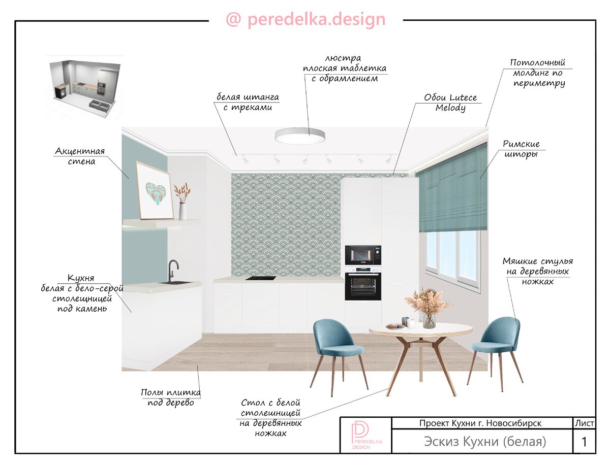 Эскиз - Дизайн кухни для молодой девушки. 